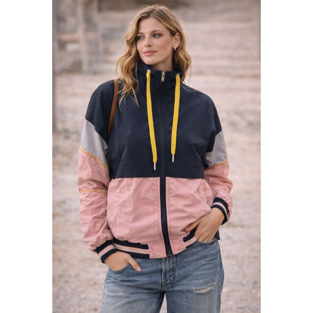 Y2K Colorblock Windbreaker Pink Blue Yellow Nylon Zip Jacket Retro ZipUp M